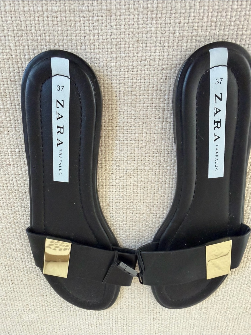 ZARA Black Slide Mules with Gold Square Accent